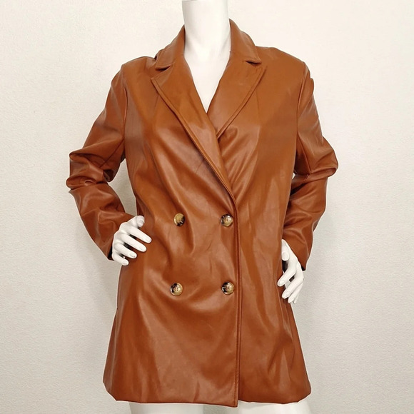 En Saison "NEW" Sienna Faux Leather Double Breasted Preppy Oversized Blazer L - Picture 1 of 6